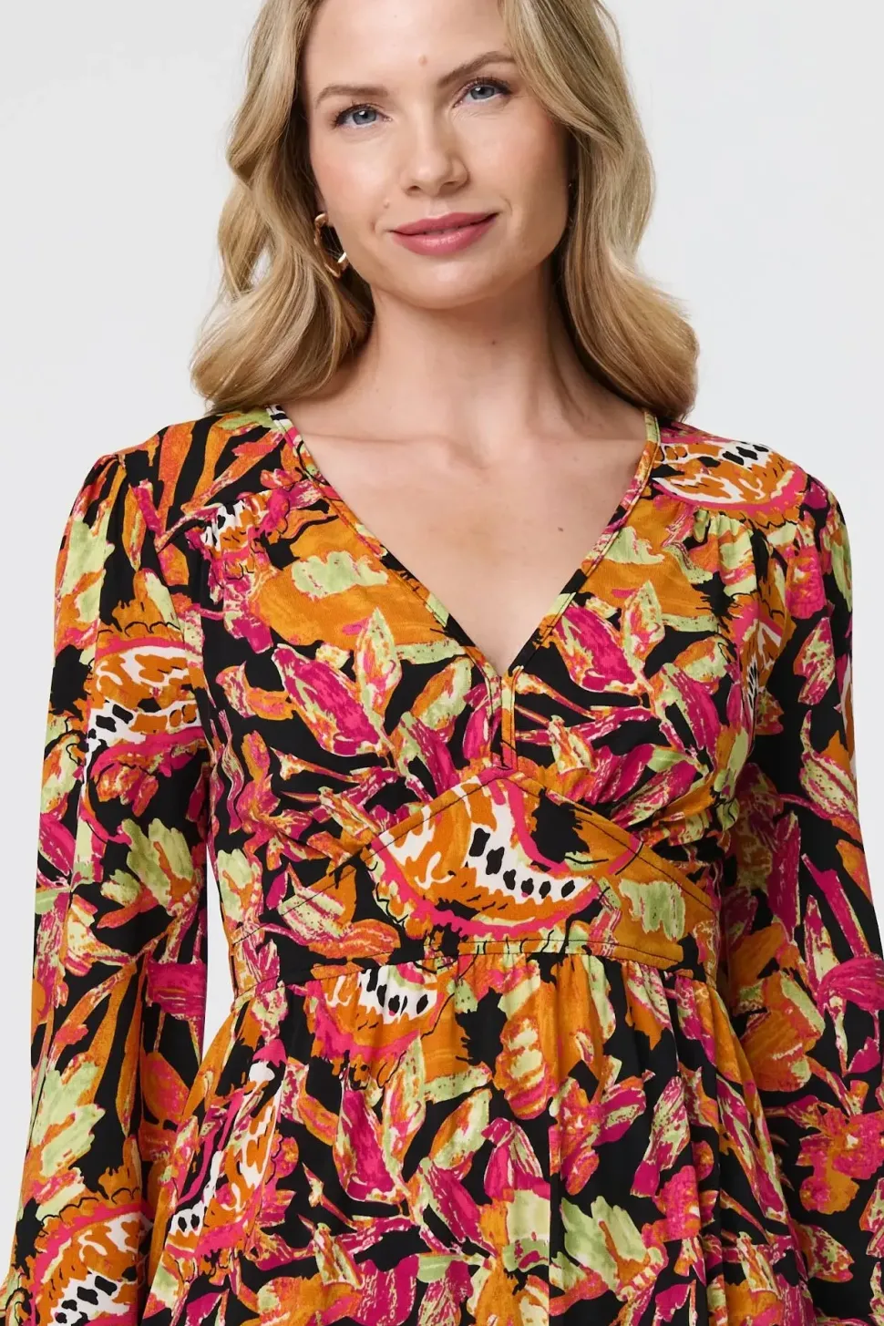 Tropical Floral Print Long Sleeve Midi Dress