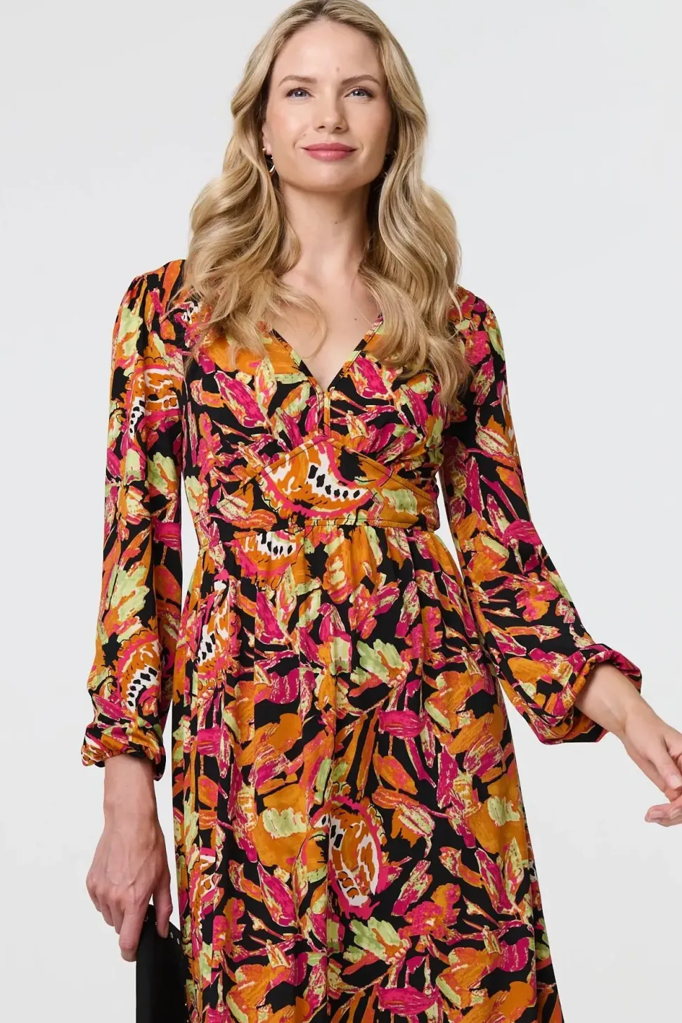 Tropical Floral Print Long Sleeve Midi Dress
