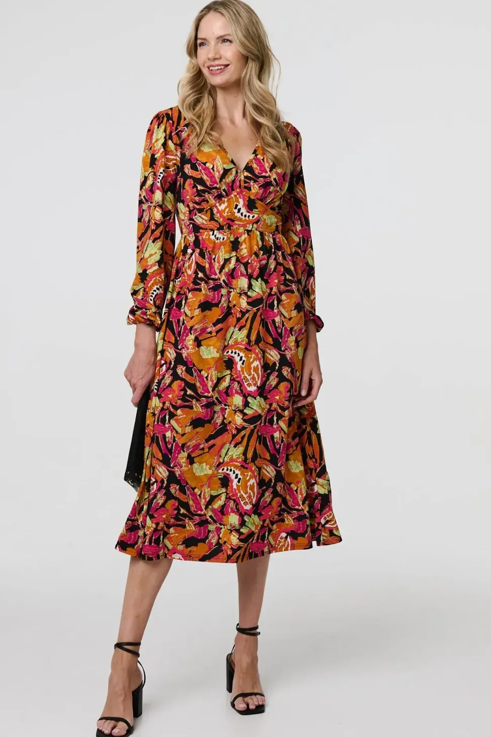 Tropical Floral Print Long Sleeve Midi Dress