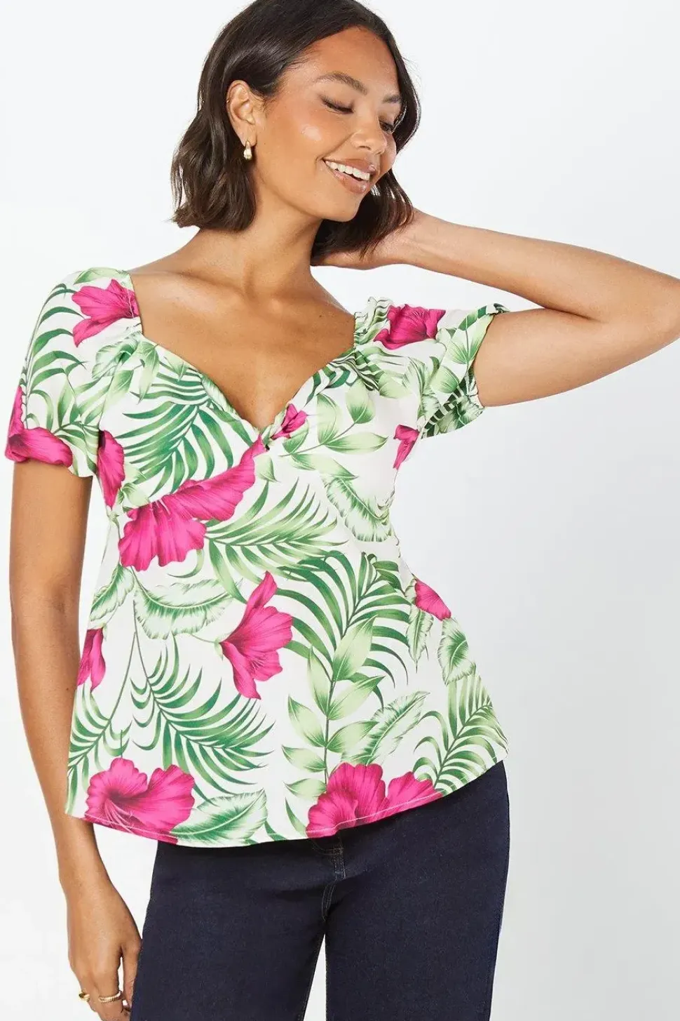 Tropical Knot Front Puff Sleeve Top