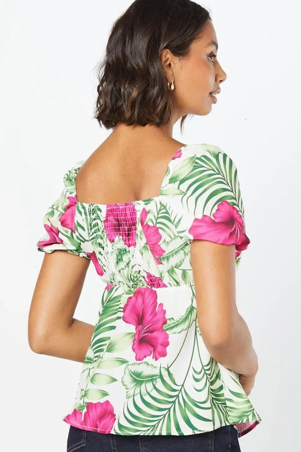 Tropical Knot Front Puff Sleeve Top