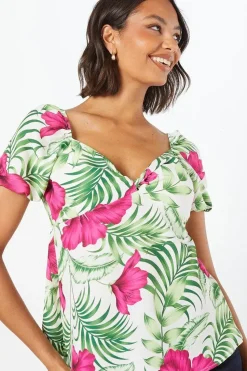 Tropical Knot Front Puff Sleeve Top