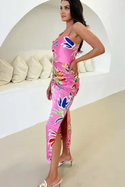 Tropical Print Cowl Neck Strappy Midi Dress