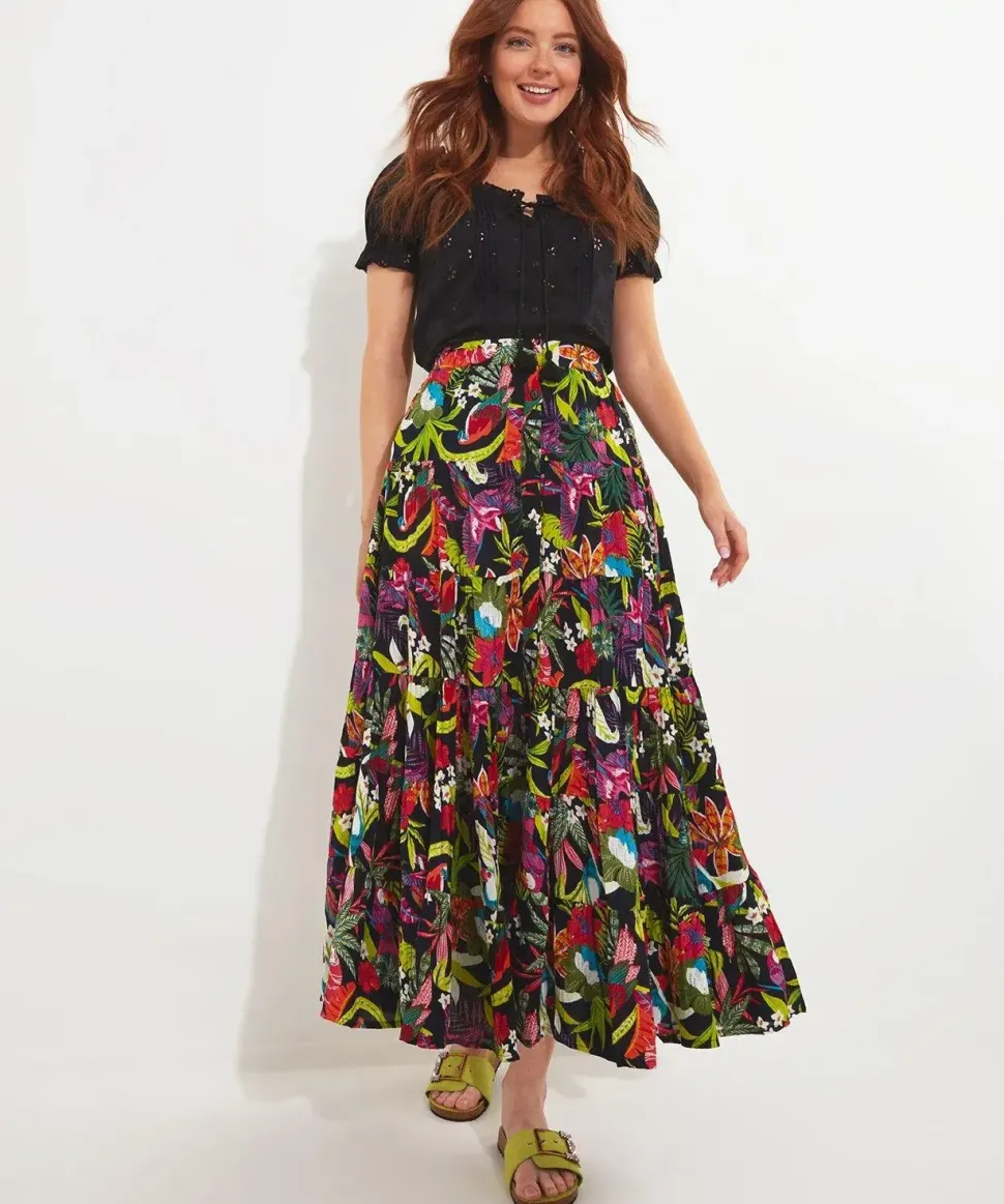 Tropical Print Crinkle Elasticated Maxi Skirt