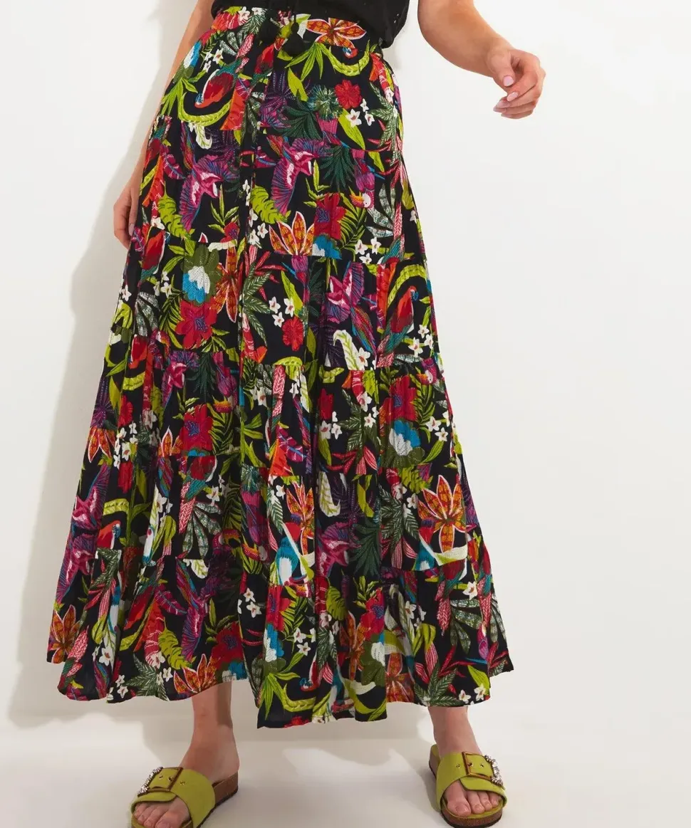 Tropical Print Crinkle Elasticated Maxi Skirt
