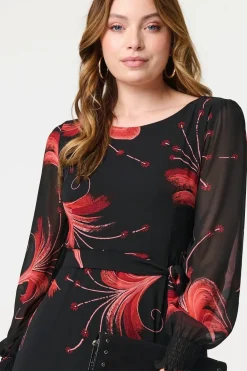 Tropical Print Mesh Layered Midi Dress