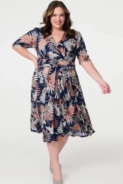 Tropical Print 1/2 Sleeve Midi Wrap Dress