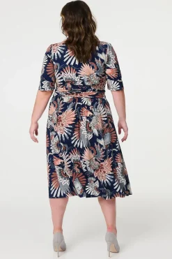 Tropical Print 1/2 Sleeve Midi Wrap Dress