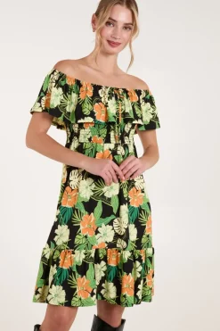 Tropical Shirred Waist Bardot Mini Dress