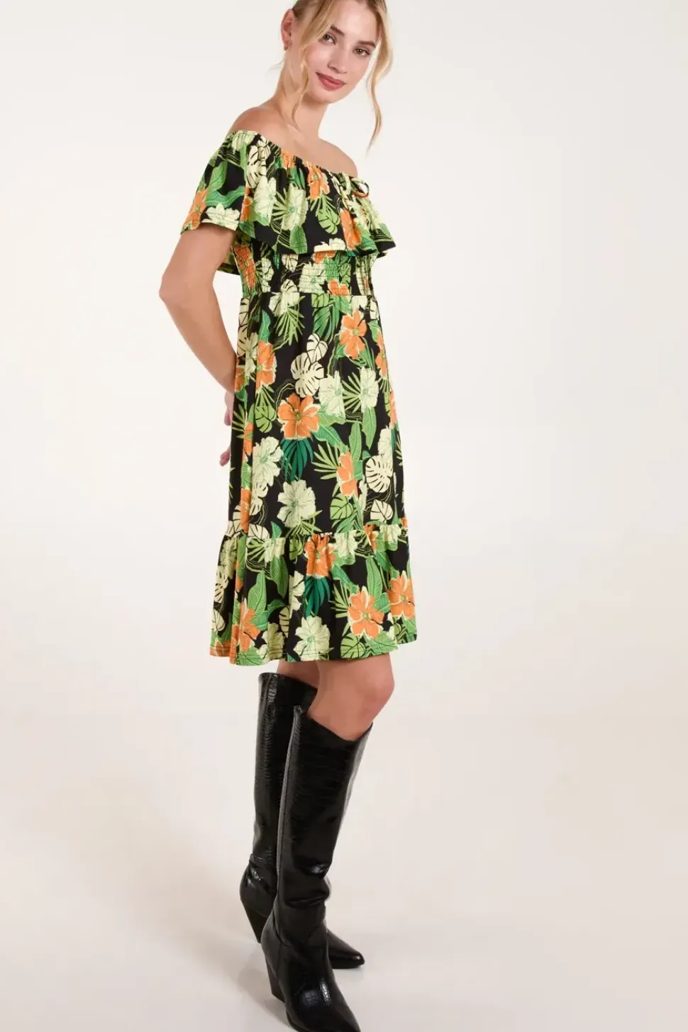 Tropical Shirred Waist Bardot Mini Dress