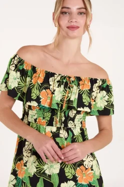 Tropical Shirred Waist Bardot Mini Dress