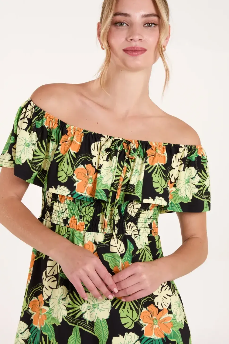 Tropical Shirred Waist Bardot Mini Dress