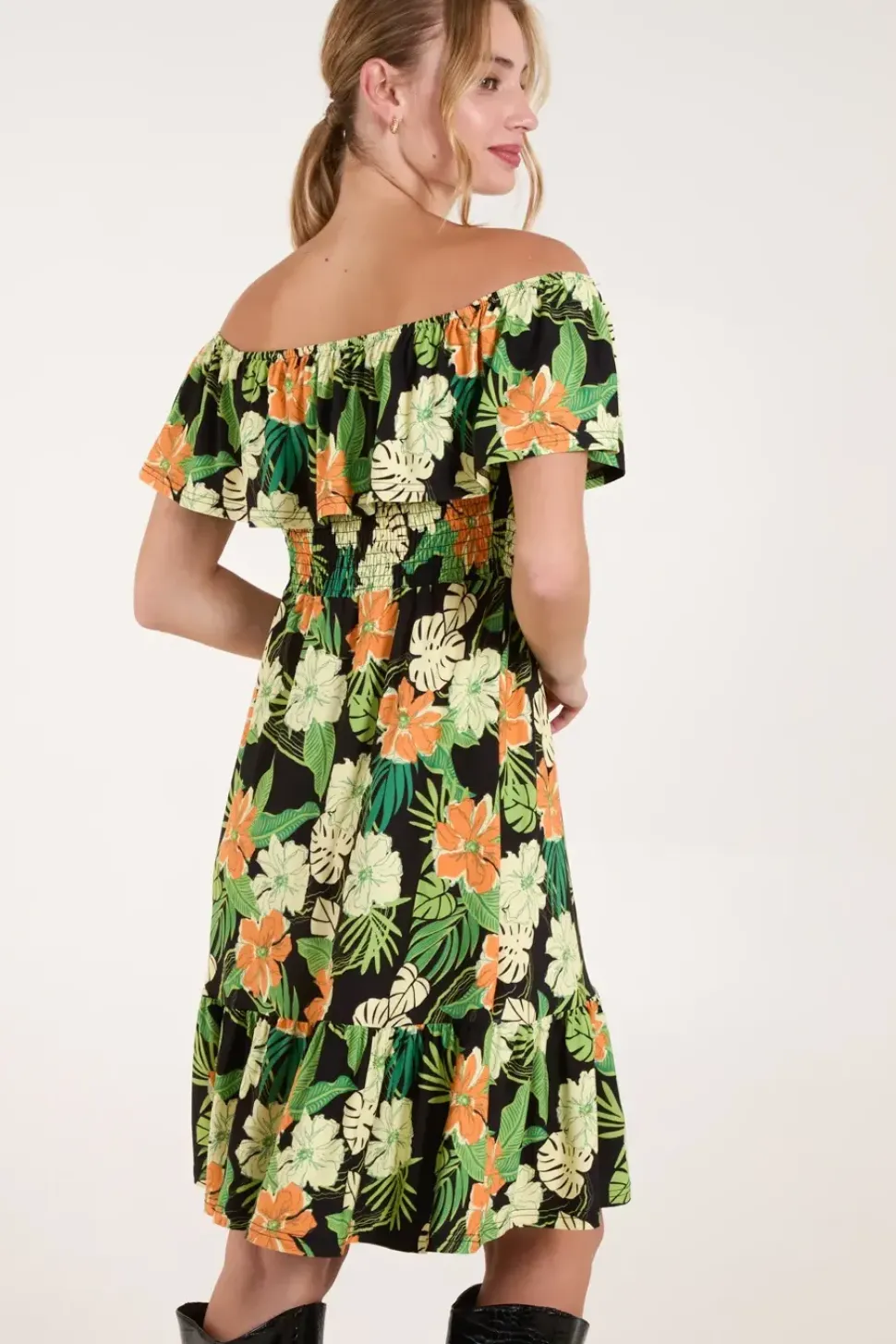 Tropical Shirred Waist Bardot Mini Dress