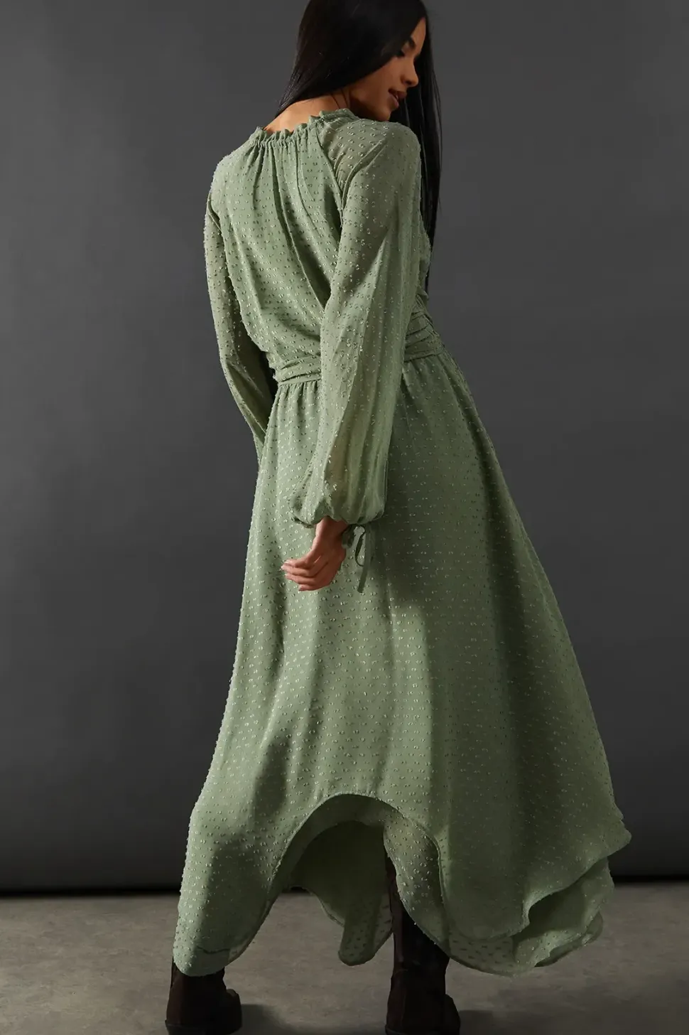Tufted Dobby Chiffon Button Front Tie Neck Hanky Hem Midi