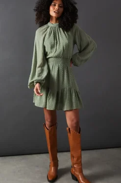 Tufted Dobby Chiffon Shirred Waist Flippy Hem Mini Dress
