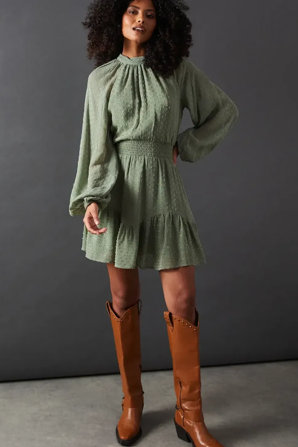 Tufted Dobby Chiffon Shirred Waist Flippy Hem Mini Dress