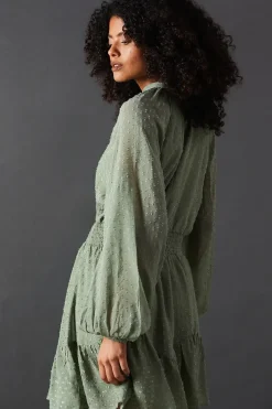 Tufted Dobby Chiffon Shirred Waist Flippy Hem Mini Dress