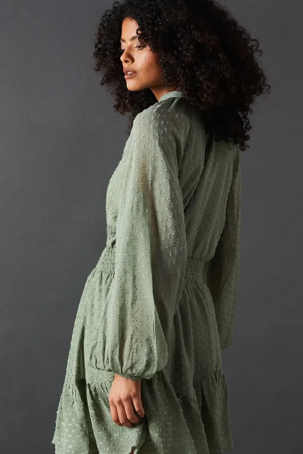 Tufted Dobby Chiffon Shirred Waist Flippy Hem Mini Dress