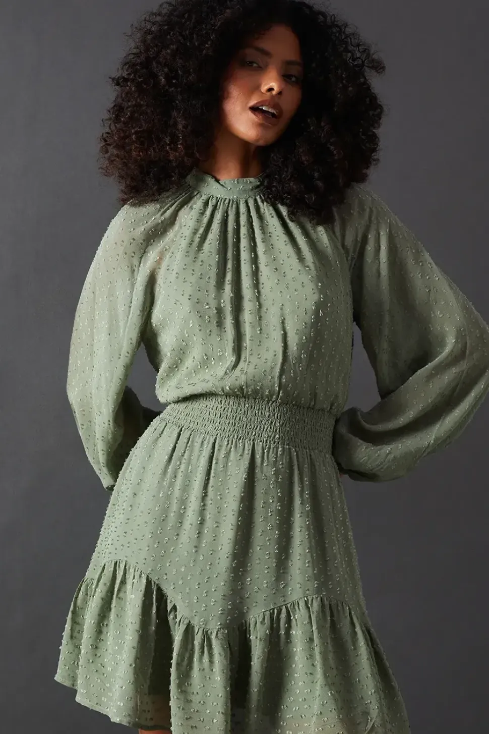Tufted Dobby Chiffon Shirred Waist Flippy Hem Mini Dress