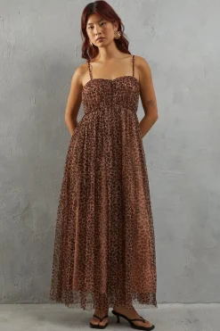 Tulle Animal Print Strappy Bandeau Maxi Dress