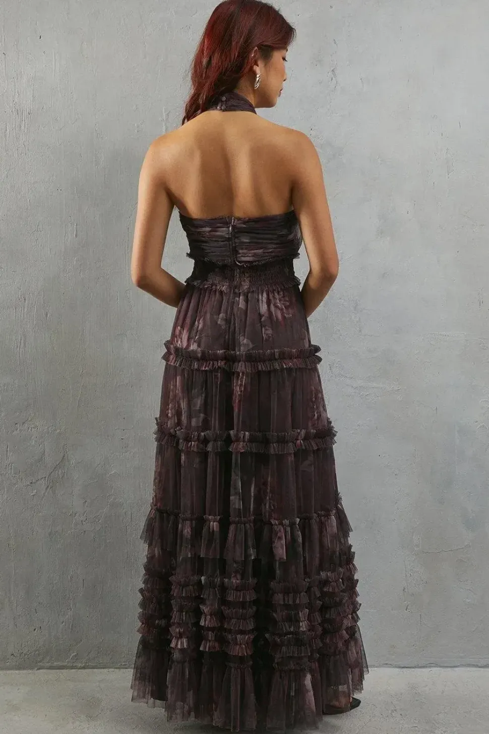 Tulle Floral Halter Shirred Waist Tier Maxi Dress