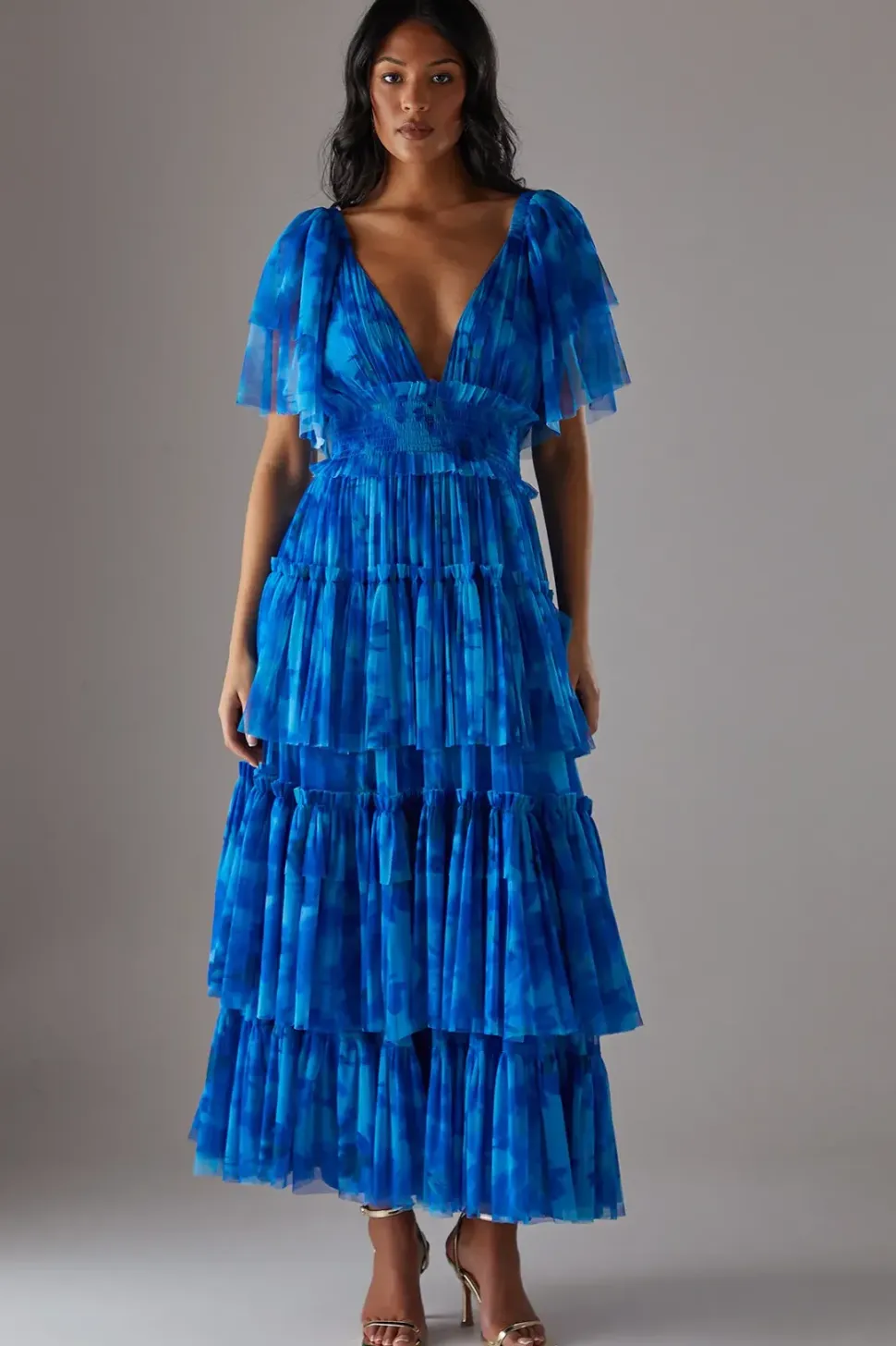 Tulle Floral Plunge Neck Flutter Sleeve Tier Maxi Dress