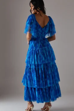 Tulle Floral Plunge Neck Flutter Sleeve Tier Maxi Dress