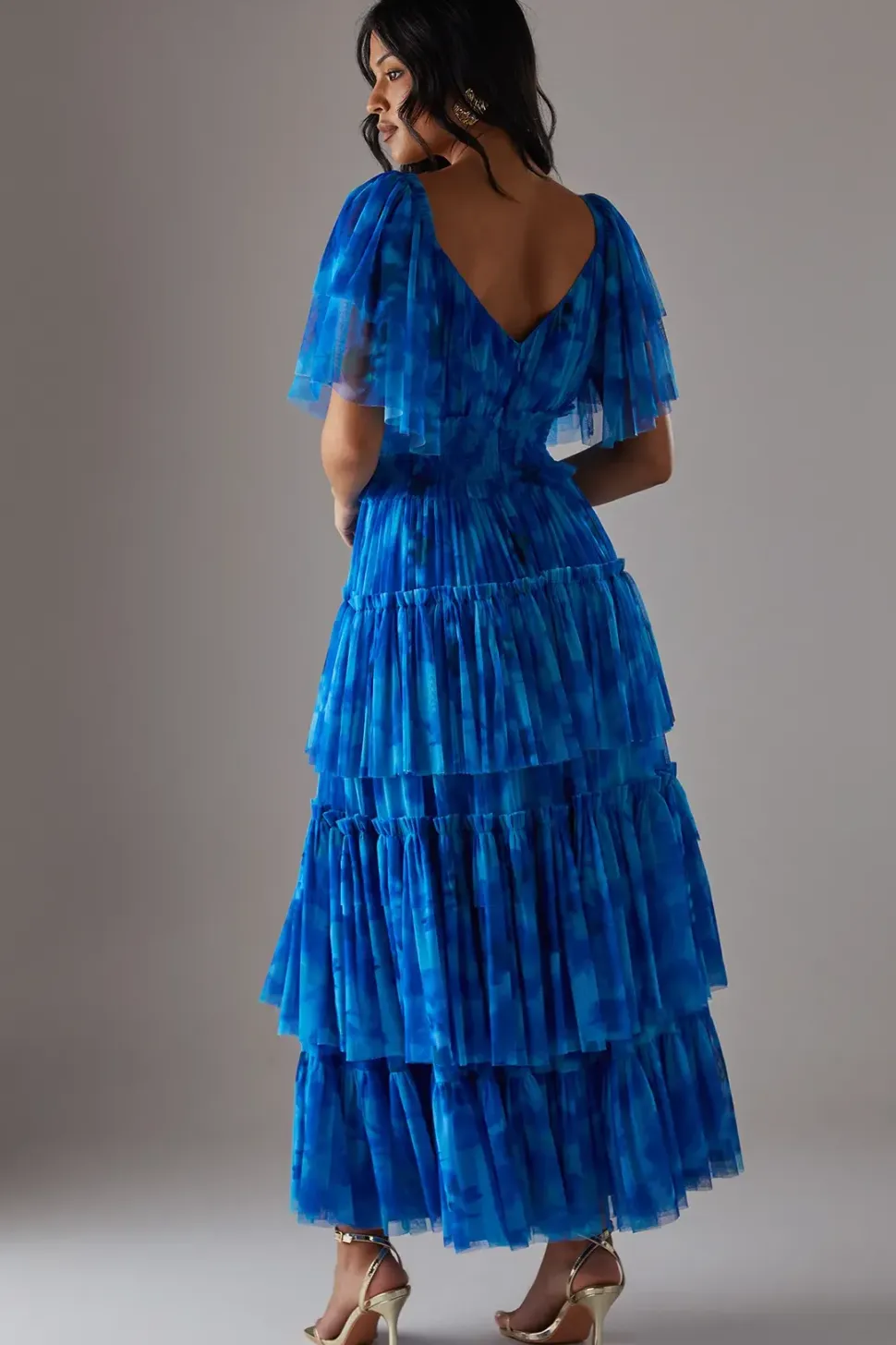 Tulle Floral Plunge Neck Flutter Sleeve Tier Maxi Dress