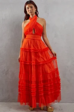 Tulle Halter Shirred Waist Tier Maxi Dress
