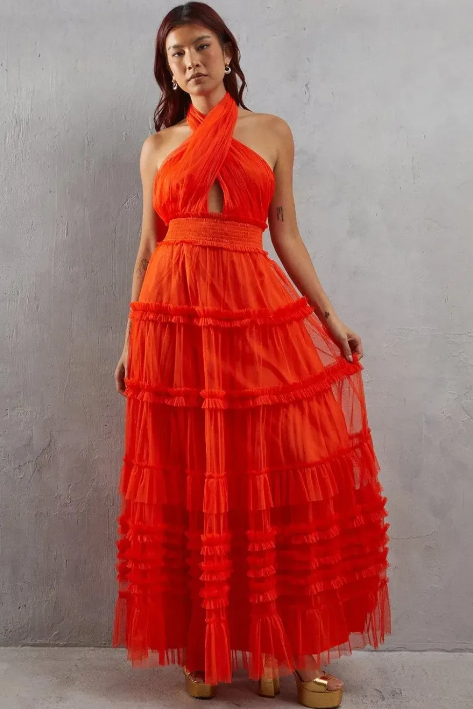 Tulle Halter Shirred Waist Tier Maxi Dress