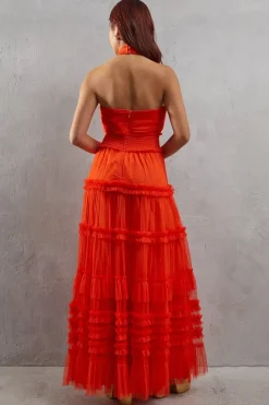 Tulle Halter Shirred Waist Tier Maxi Dress