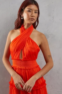 Tulle Halter Shirred Waist Tier Maxi Dress