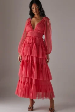 Tulle Plunge Neck Long Sleeve Tier Maxi Dress