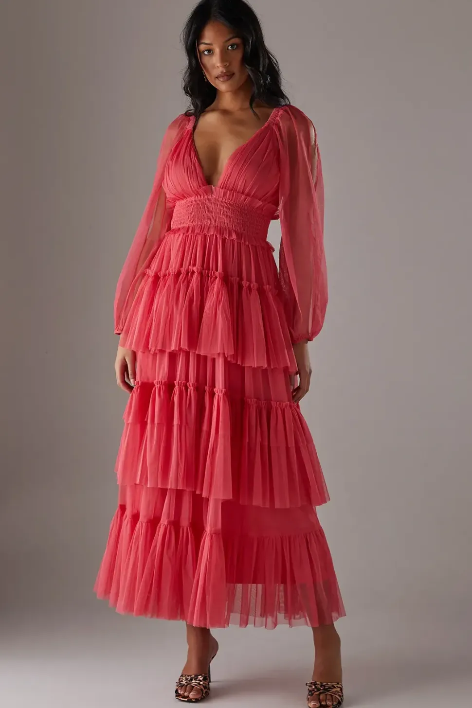 Tulle Plunge Neck Long Sleeve Tier Maxi Dress