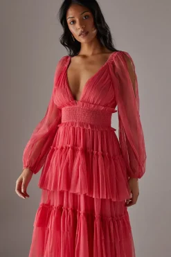 Tulle Plunge Neck Long Sleeve Tier Maxi Dress