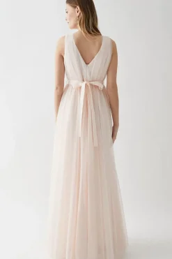 Tulle Plunge Neck Princess Bridesmaids Dress With Bow