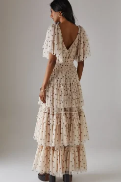 Tulle Spot Plunge Neck Flutter Sleeve Tier Maxi Dress