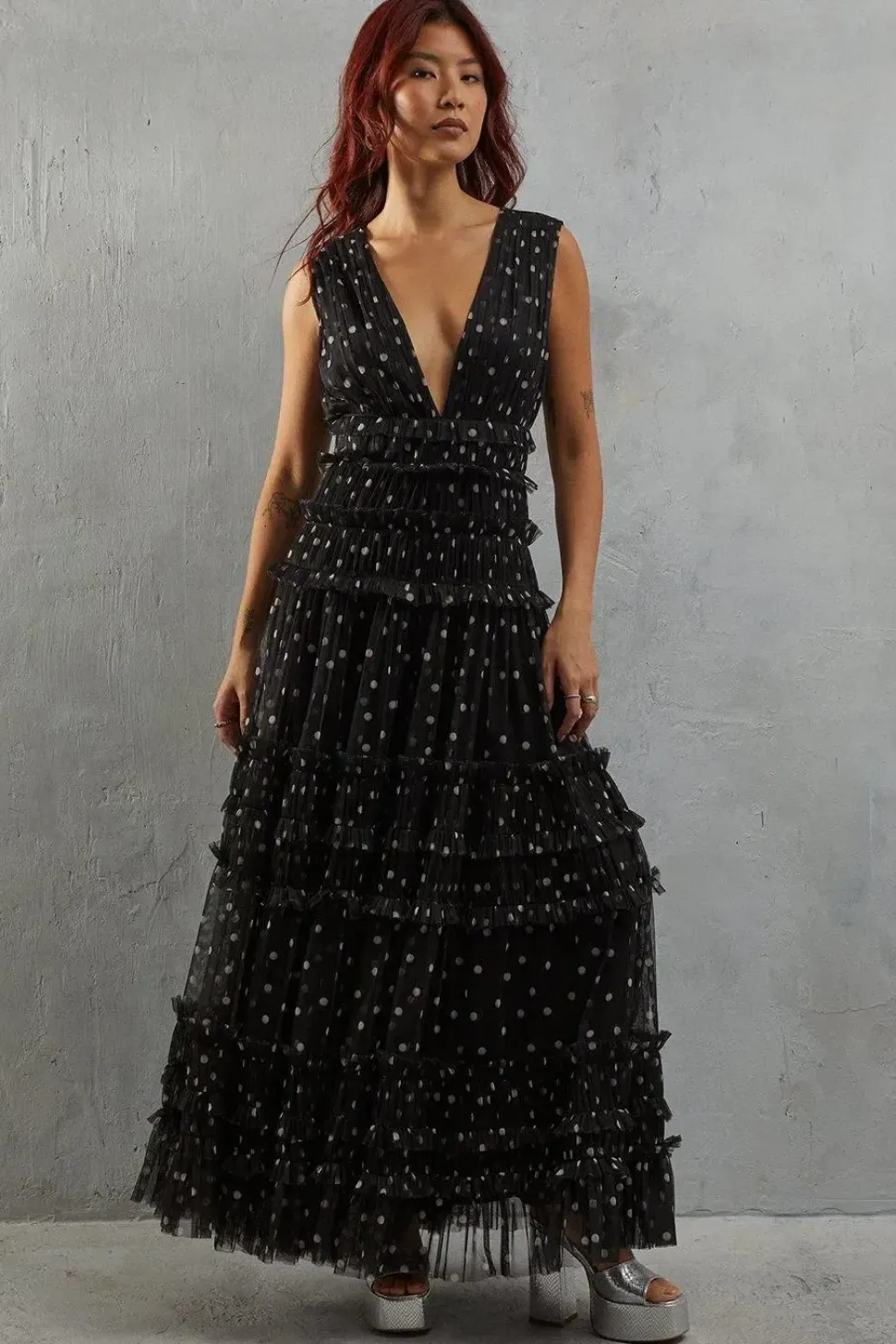 Tulle Spot Sleeveless Plunge Neck Gathered Waist Tier Maxi Dress