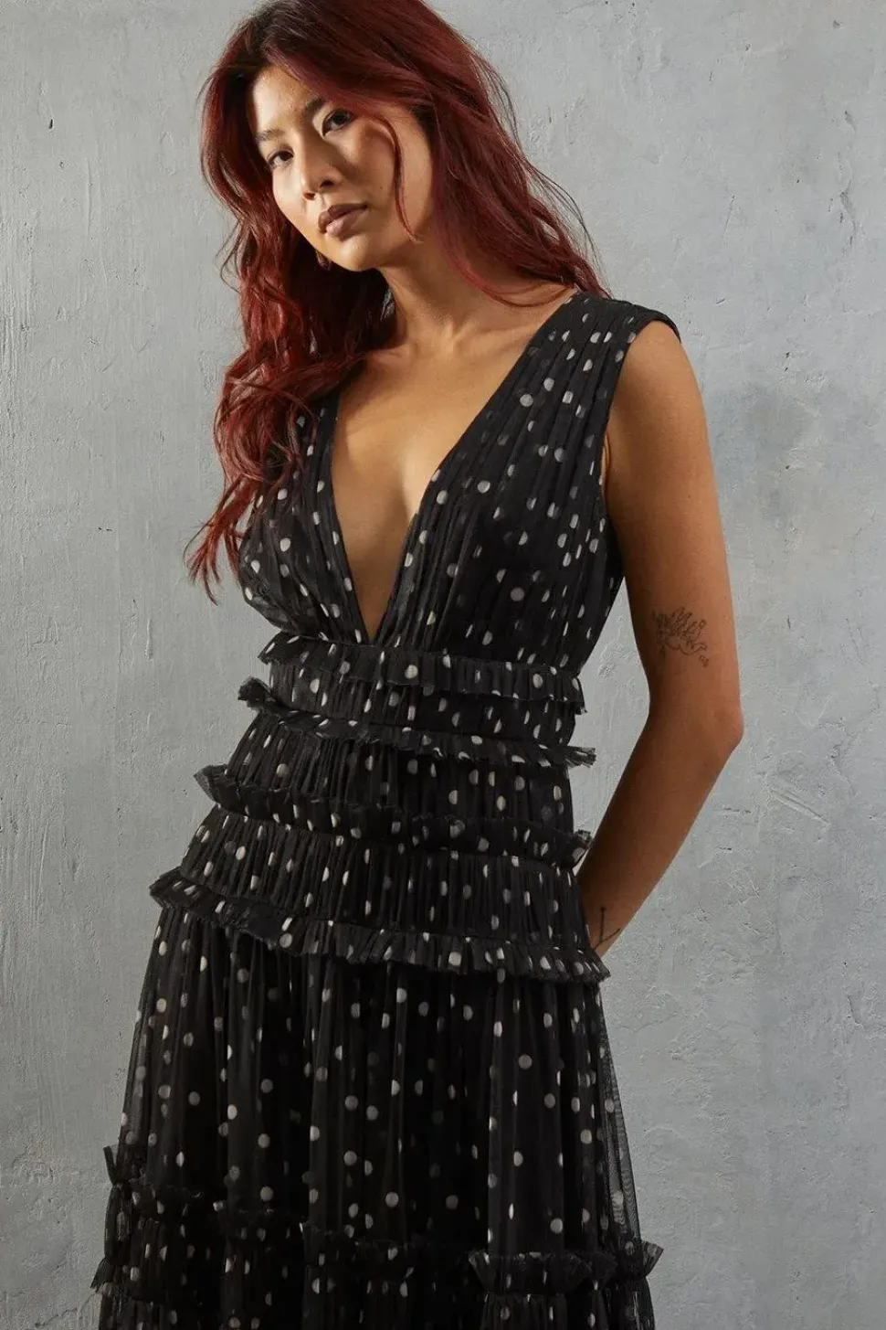 Tulle Spot Sleeveless Plunge Neck Gathered Waist Tier Maxi Dress