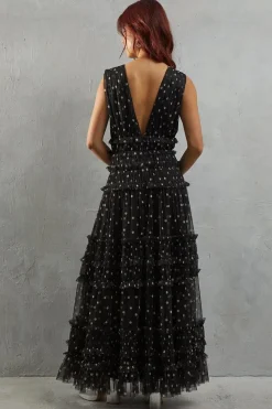 Tulle Spot Sleeveless Plunge Neck Gathered Waist Tier Maxi Dress