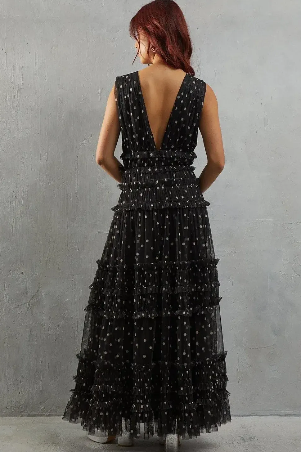 Tulle Spot Sleeveless Plunge Neck Gathered Waist Tier Maxi Dress