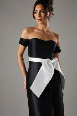 Twill Bardot Bow Waist Column Black Dress