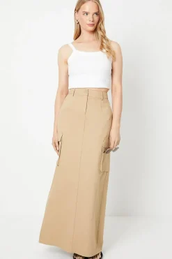 Twill Cargo Split Front Maxi Skirt