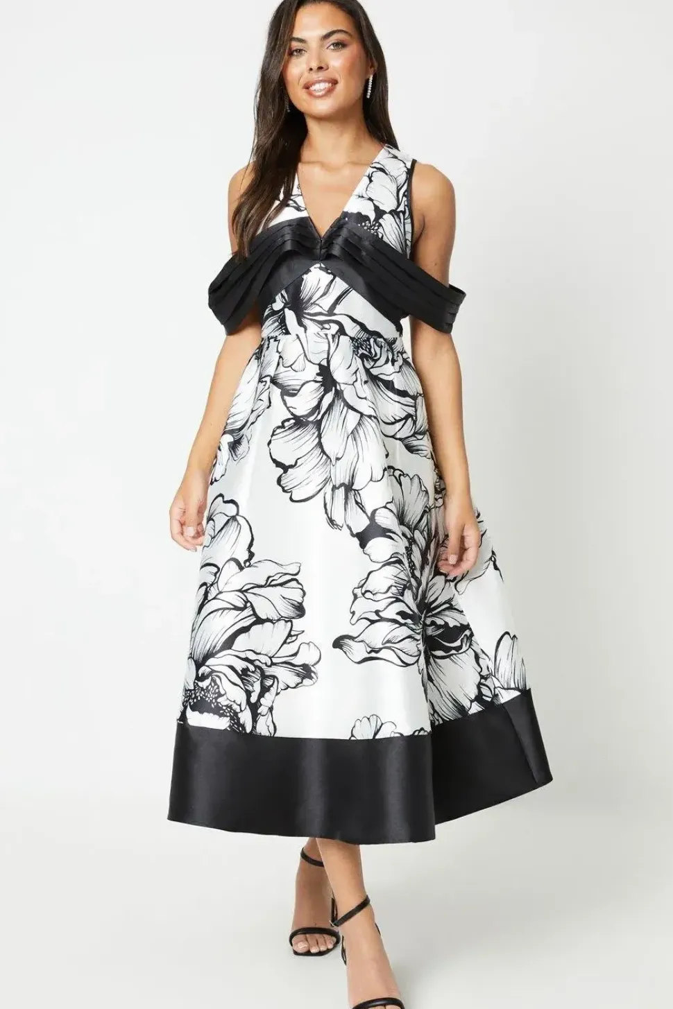 Twill Midi Dress With Pleated Bardot