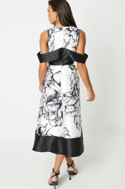 Twill Midi Dress With Pleated Bardot