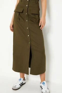 Twill Pocket Button Through Maxi Skirt