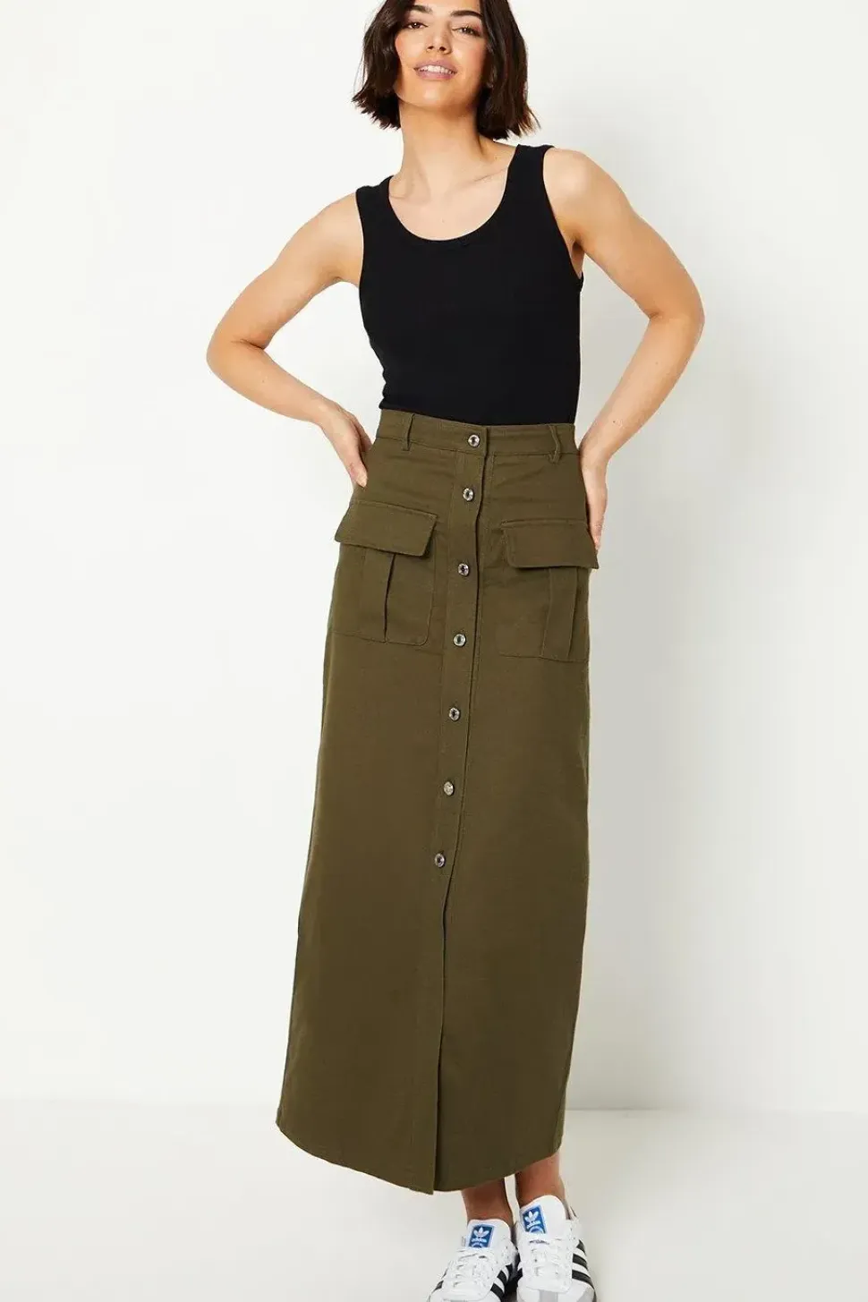 Twill Pocket Button Through Maxi Skirt