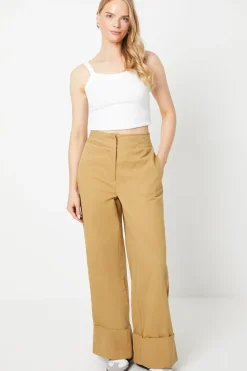 Twill Turn Up Hem Straight Leg Trouser