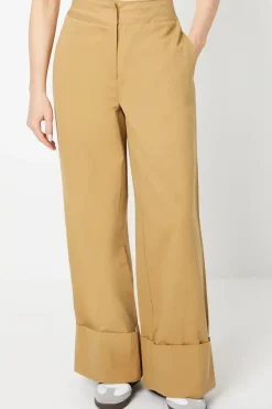 Twill Turn Up Hem Straight Leg Trouser