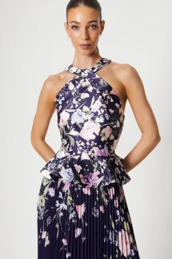 Twill Twist Halter Neckline Pleated Midi Dress